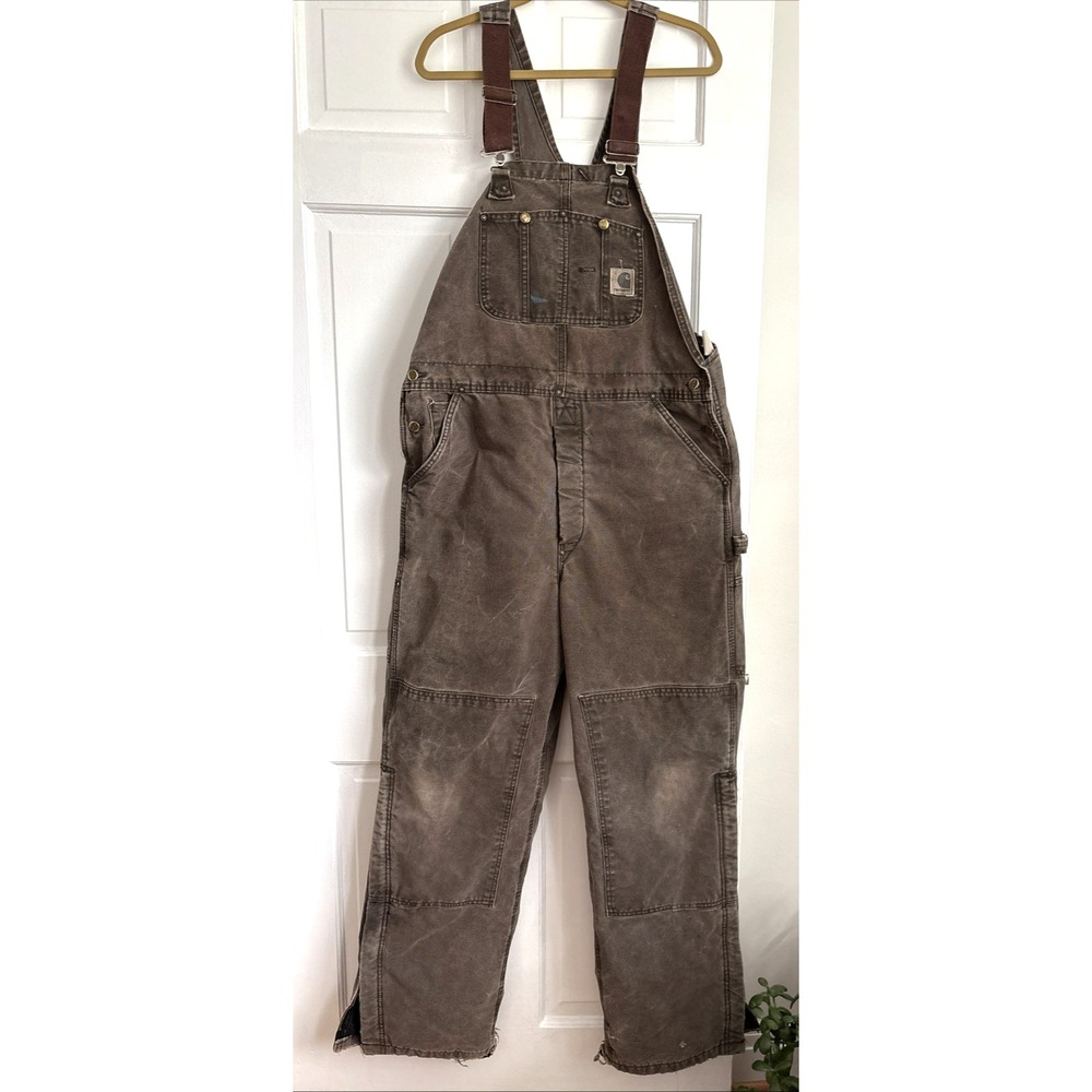 Carhartt Double Knee Work Overalls Brown Duck Canvas Bibs R01 BRN Thrashed